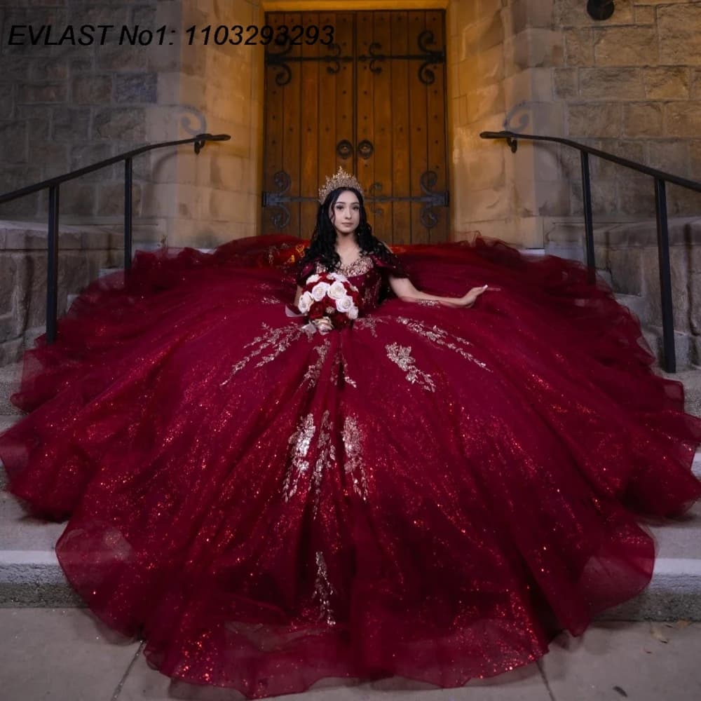 EVLAST Personalizzato Glitter Borgogna Abito Quinceanera Abito di Sfera Applique di Pizzo di Cristallo In Rilievo Dolce 16 Abiti Da 15 Anos E1QN823