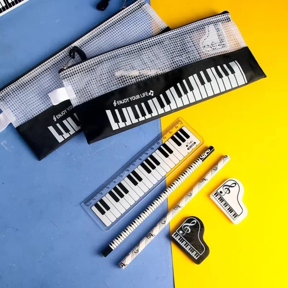6Pcs 6-Piece Set Music Stationery Set Pencil Bag Bill Organizer Note Pouch Piano Pen Case Ruler Pencil Eraser Music Theme