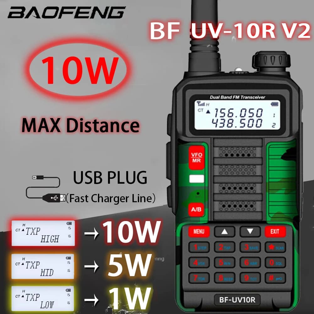 BF 10W Walkie Talkie Portatile, Set Radio Ricetrasmittente UHF, Ricetrasmittenti a Lungo Raggio con Ricarica Rapida USB