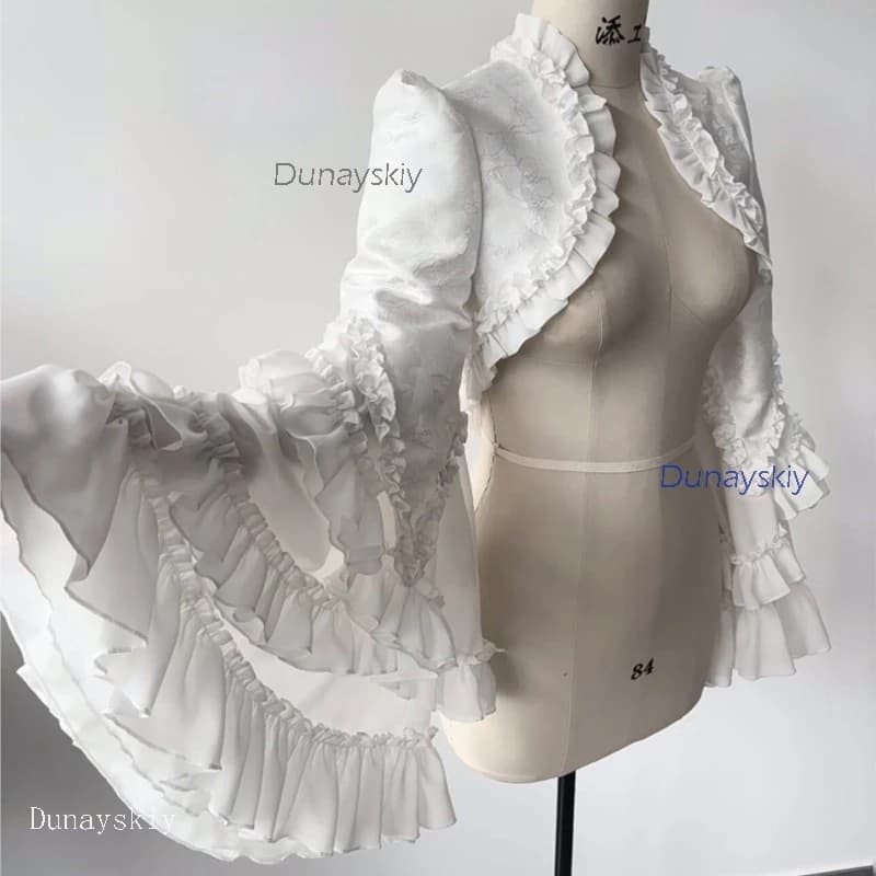Gothic Party Vampire Lolita Ouji Layering Set Flared Puff Sleeve Blouse Lace Trim Waistcoat Long Sleeve Coat, Jirai Kei Outfit