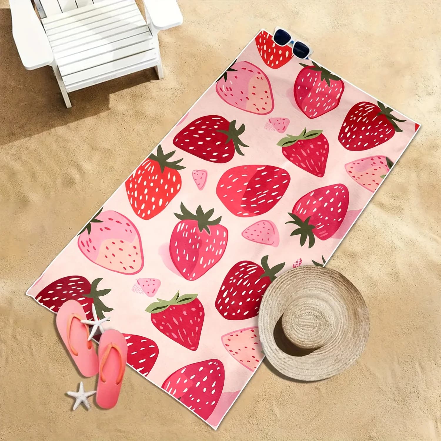 Asciugamano da Spiaggia con Stampa Fragola Rosa, Asciugatura Rapida, in Microfibra, Anti-Sabbia, Assorbente, per Piscina e Viaggi, Lavabile