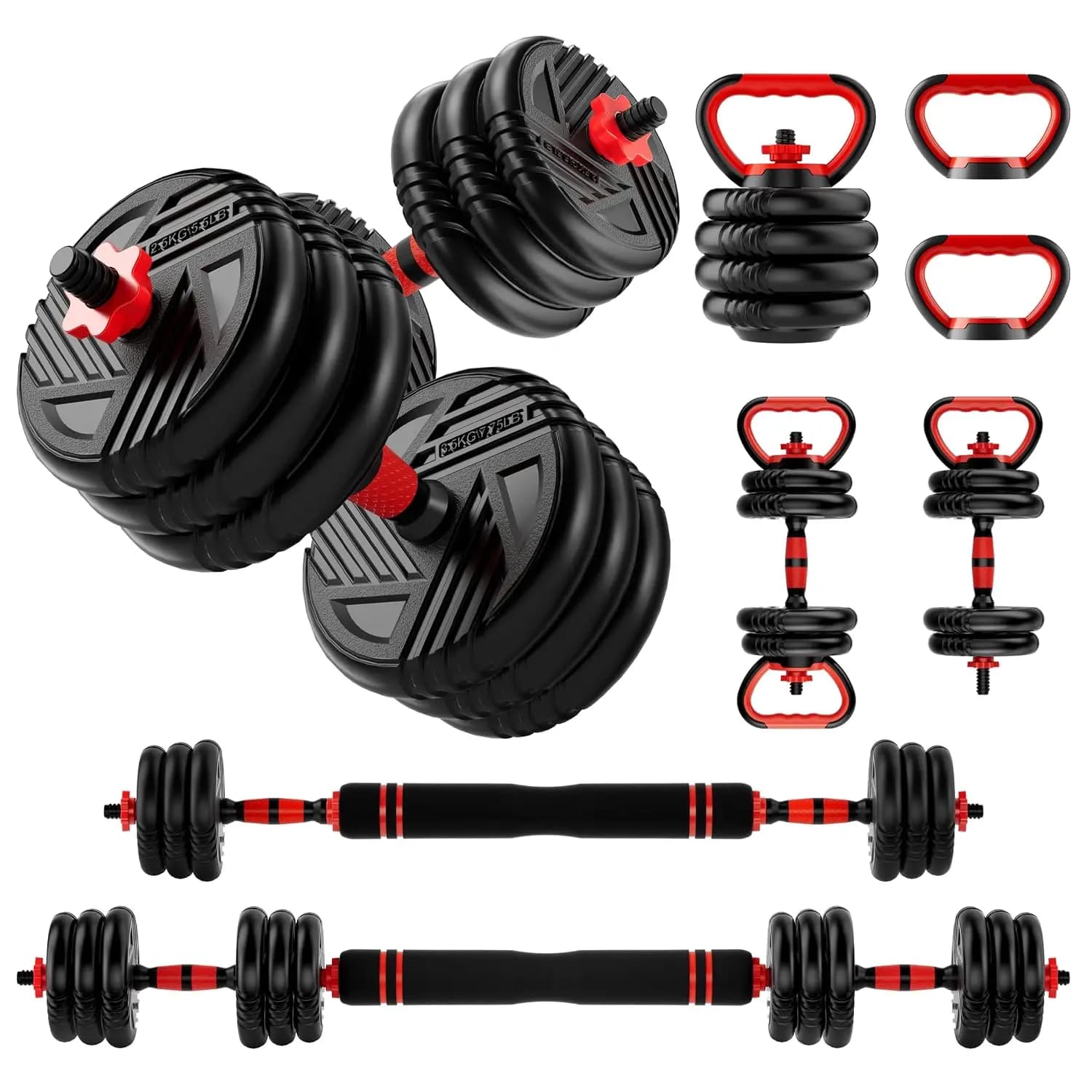 Adjustable Dumbbell 5 in 1 Free Weight to Barbell Kettlebell & Push up Stand 20-90lbs Home Gym Training, Customized