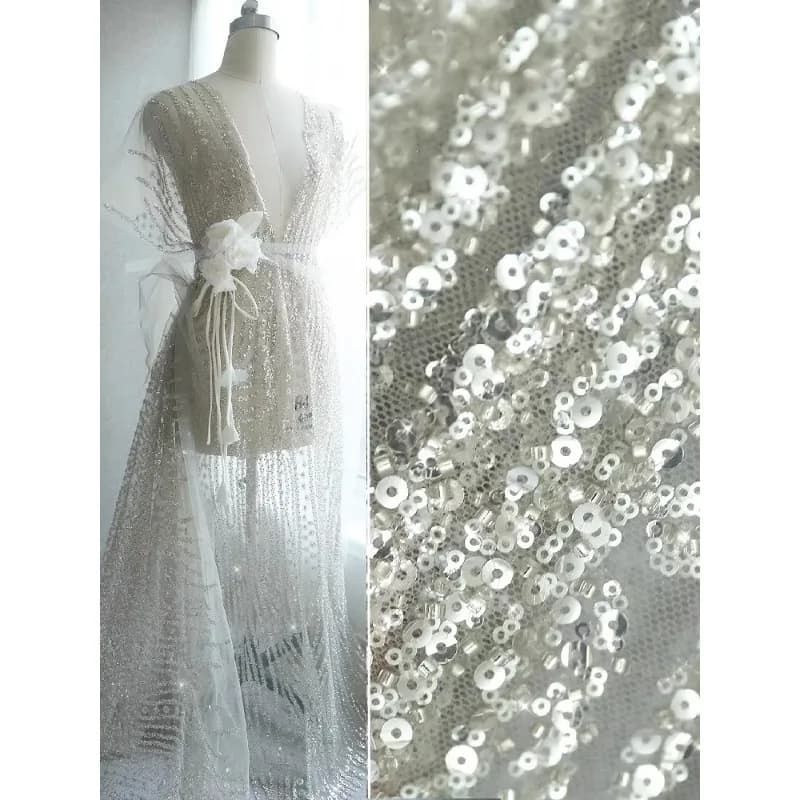 146 cm di larghezza, filo squisito per unghie ricamo perline argento paillettes decorazione in pizzo accessori per costumi da spettacolo per abiti formali fai da te
