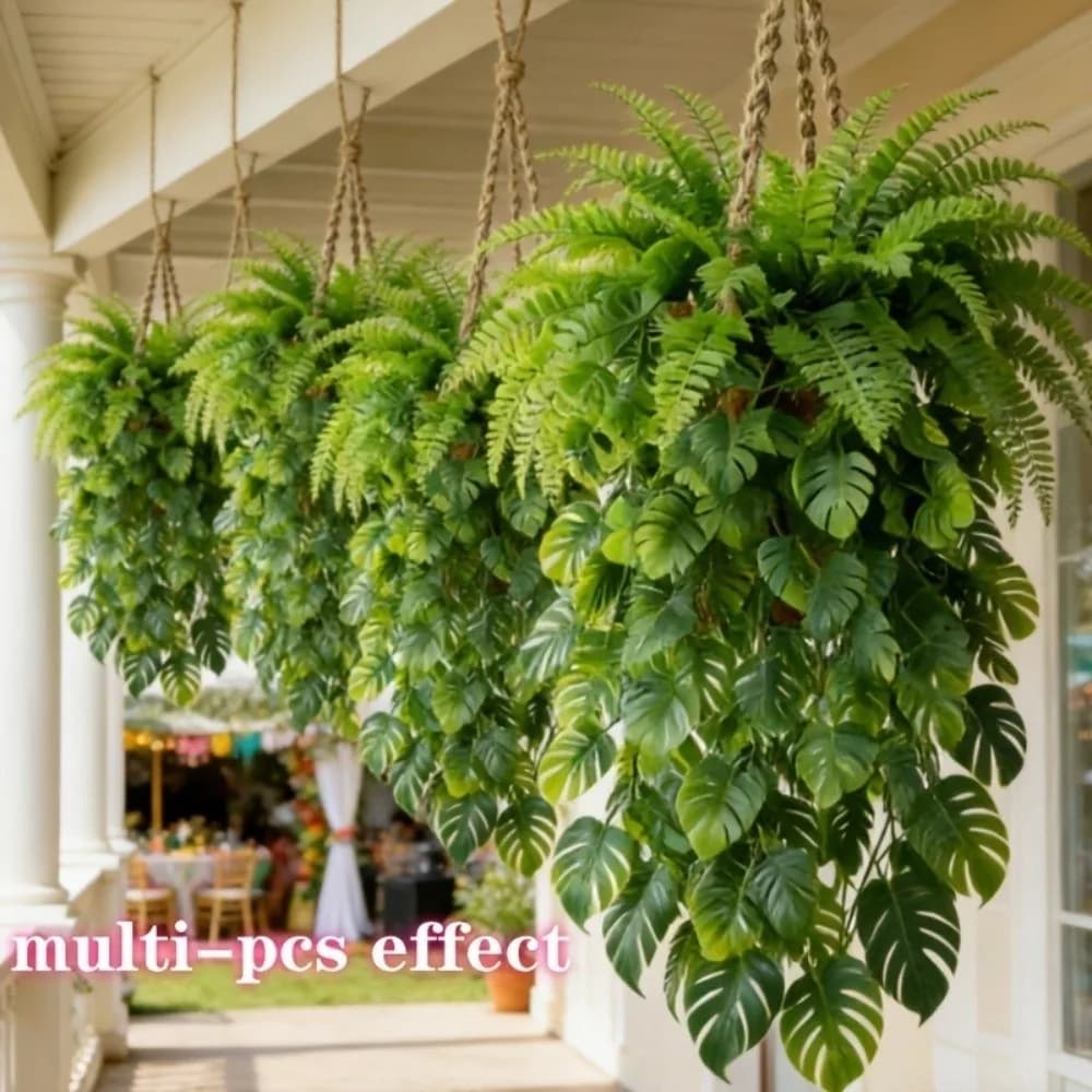 Plastic Artificial Hanging Monstera Vine UV Resistant Anti-Fade Persian Grass Wall Hanging Plant Realistic Waterproof