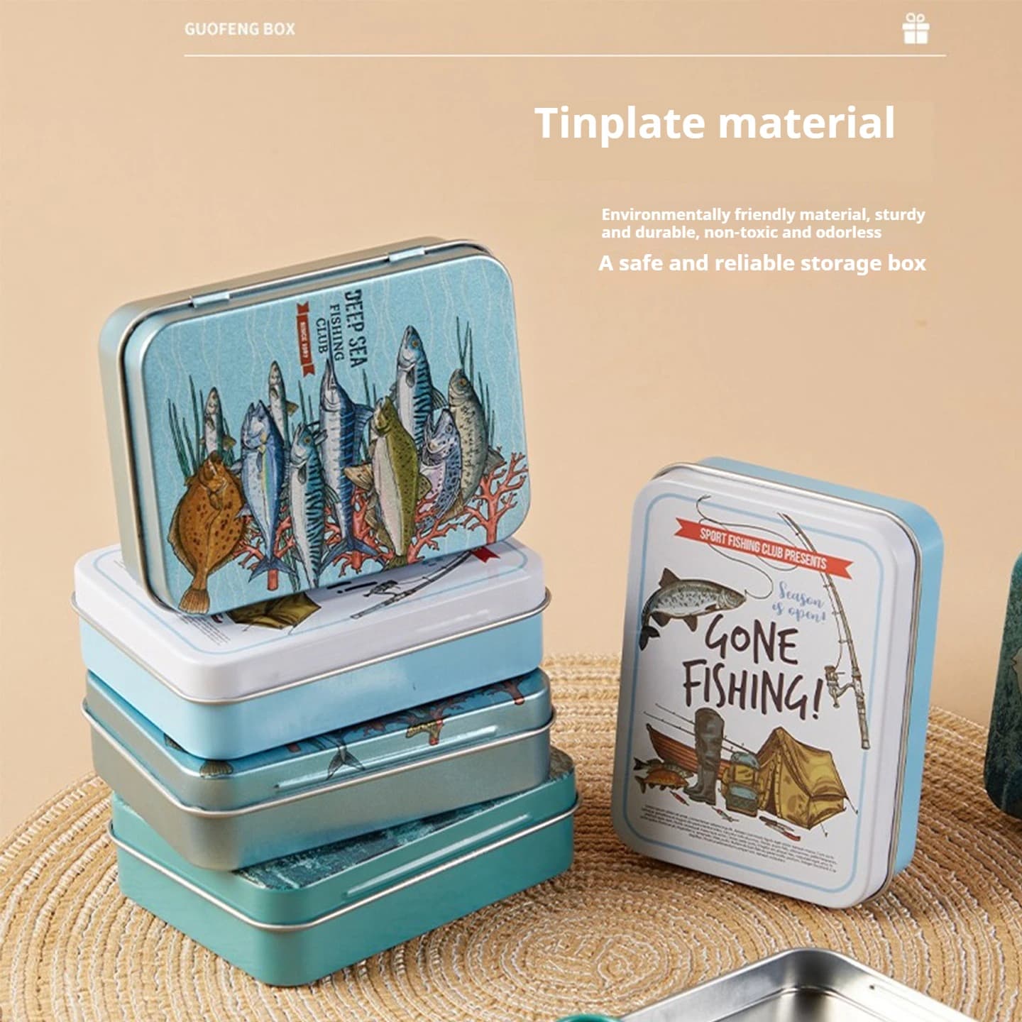 Scatola portaoggetti portatile Fishing Man, scatola per attrezzatura, custodia per sigarette, dadi da poker, scatola per medicinali e caramelle, custodia in ferro da viaggio