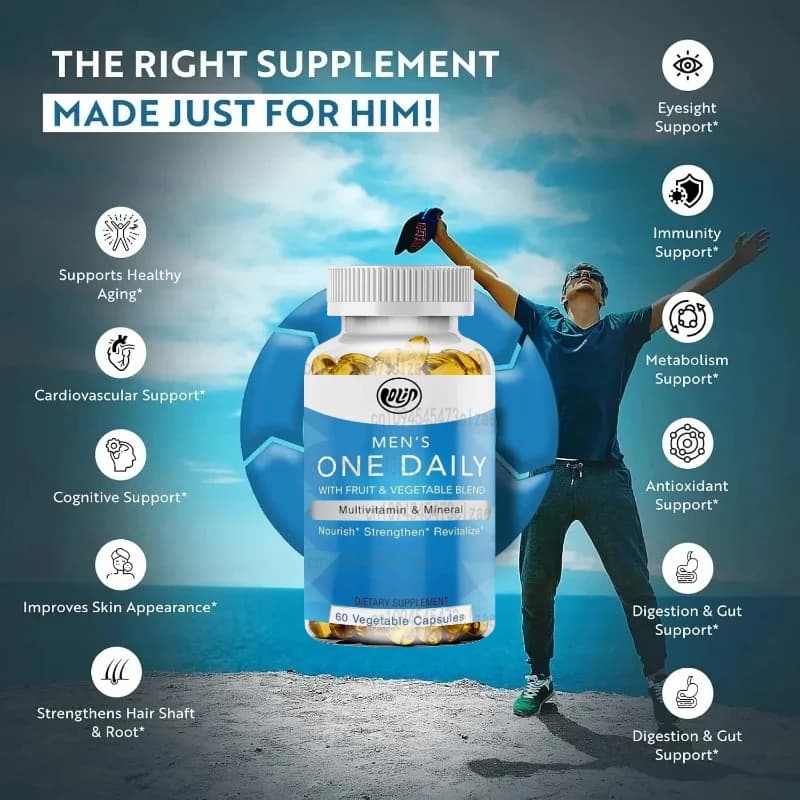 Daily multivitamin for man, immune support supplement with non-GMO ingredients, vitamins and minerals for energy, 60 vegetable capsules