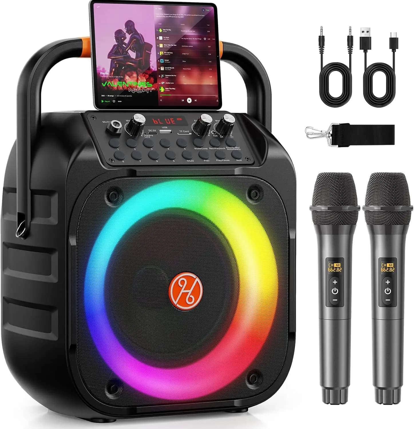 Macchina Karaoke Bluetooth Portatile con Microfoni Wireless, Controllo Eco, Luci LED, Supporta TV/USB/AUX/Scheda TF