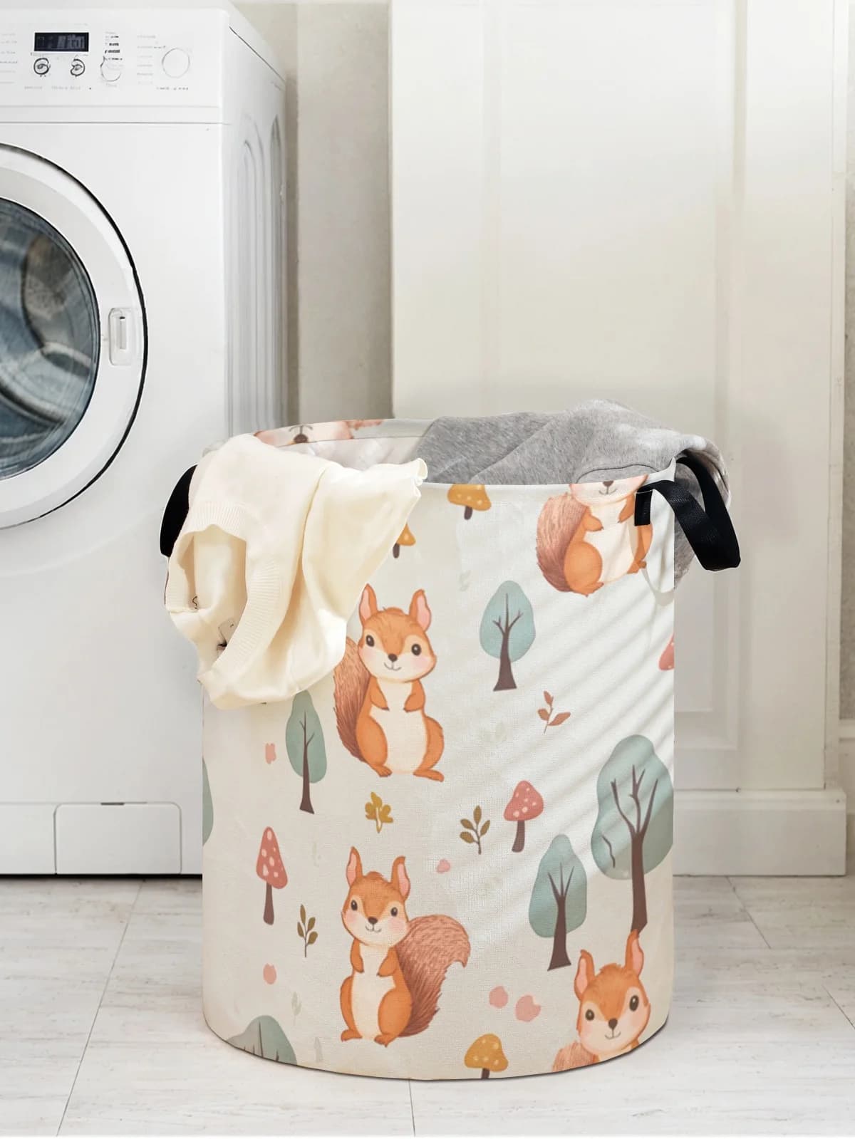 Circular storage box with print squirrel pattern, suitable for storing clothes and books, convenient for white baskets