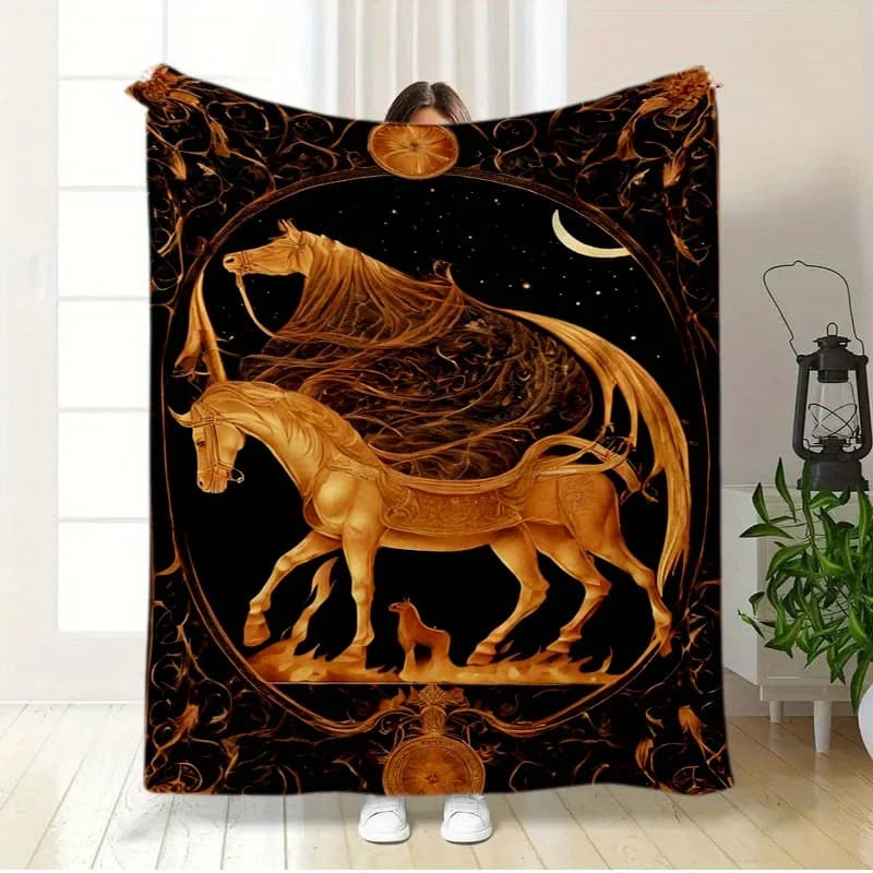 Golden Horse Pattern Flannel Blanket - Contemporary Digital Printed Polyester Knit, All-Season Lightweight Sofa Bed Throw