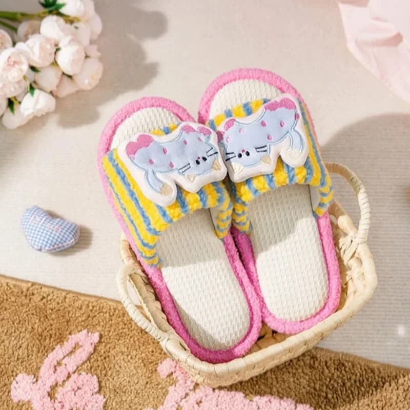 Women's Slippers with cute cats, soft and comfortable, anti-slip, breathable, for all seasons, in cotton and linen, with 3D animals, home shoes.