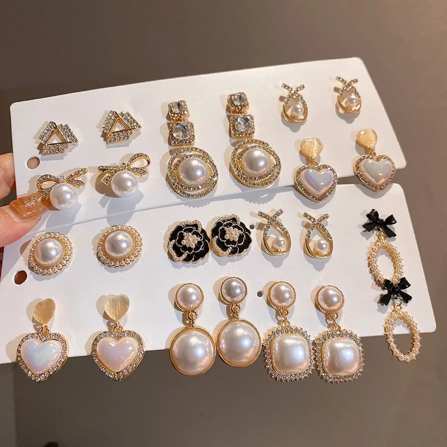 12/14 pezzi francese elegante imitazione perla orecchini con perno donna geometrica intarsiata strass orecchini a bottone set di gioielli nuovo commercio all'ingrosso K