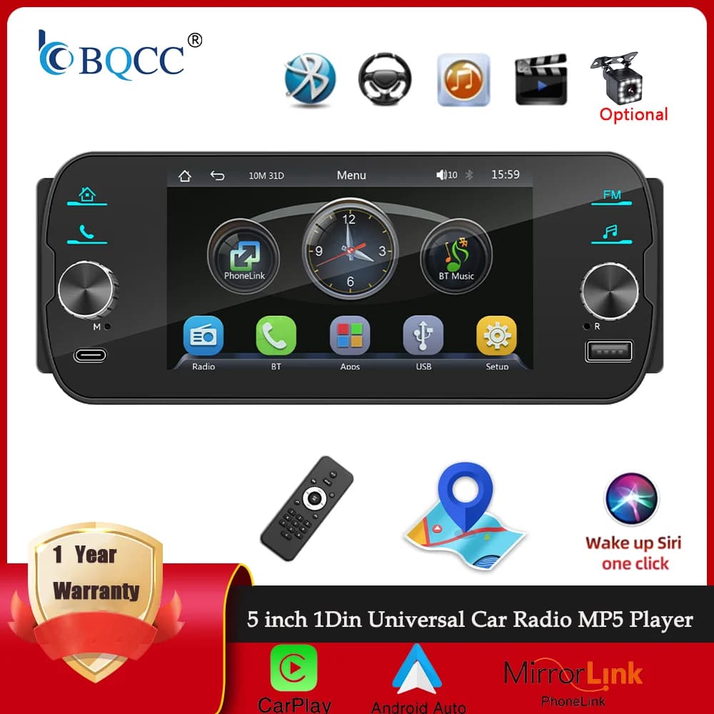 BQCC 5'' 1Din Universal Car Audio Player Supports Wireless CarPlay Android Auto line Protection 7-color lighting BT FM Car Radio