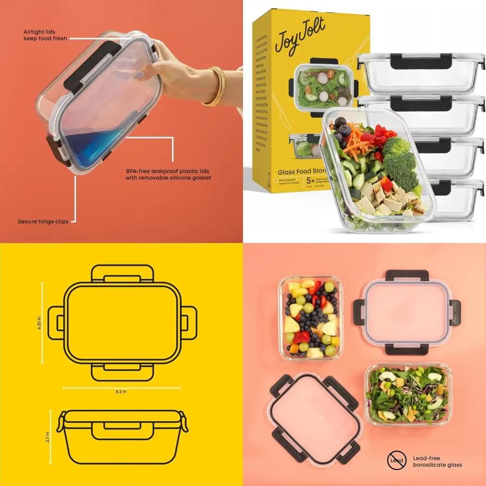 Contenitori per la preparazione dei pasti in vetro da 5 pezzi, scomparto singolo ermetico da 35 once, conservazione degli alimenti riutilizzabile per adulti e cucina