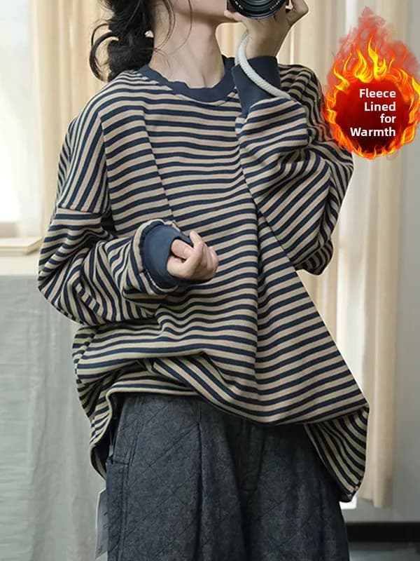 Thickened Fleece Autumn Winter Hoodie Women's Loose Lazy Style Long Sleeve round Neck Pullover Sweatshirt Stripe Patterned Ja...