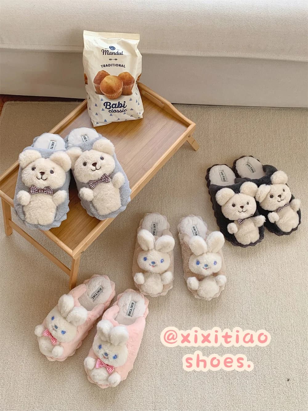 Pantofole da uomo a forma di orsetto, calde per l'inverno, in cotone, morbide e felpate, stile coreano, con tacco piatto in PVC