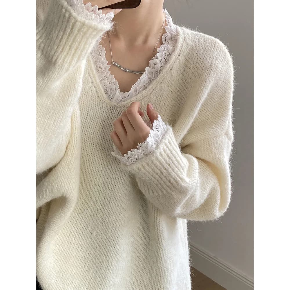 Maglioni Donna Pullover con scollo a V in pizzo impiombato Vintage Chic lavorato a maglia Autunno Inverno Nuovi comodi maglioni larghi