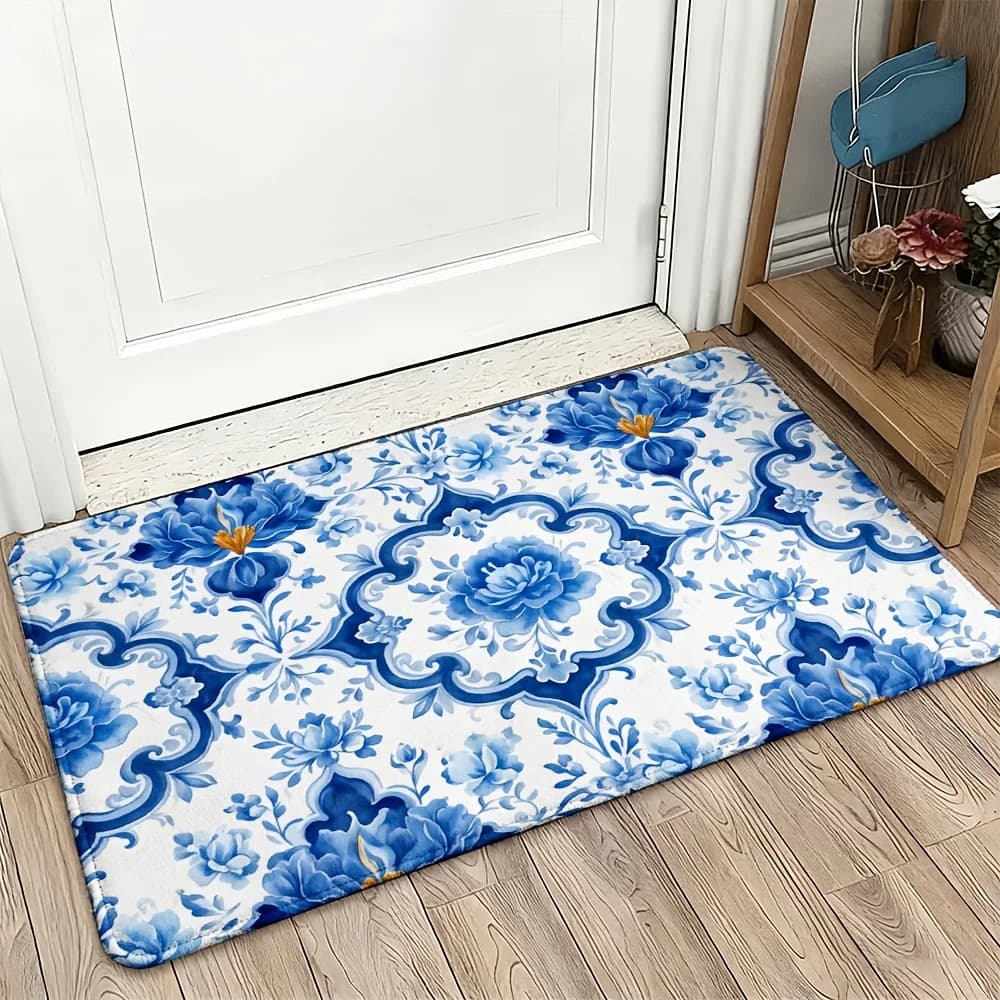 Elegante Zerbino Blu con Motivo Floreale per Ingresso, Veranda, Tappeto di Benvenuto Durevole per Interni ed Esterni, Tappeto per Corridoio