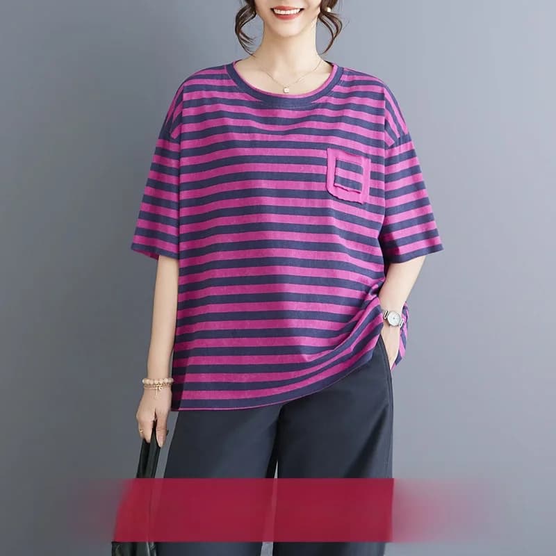T-shirt estiva dimagrante in puro cotone da donna, a maniche corte a righe, traspirante e confortevole, stile coreano, moda artistica
