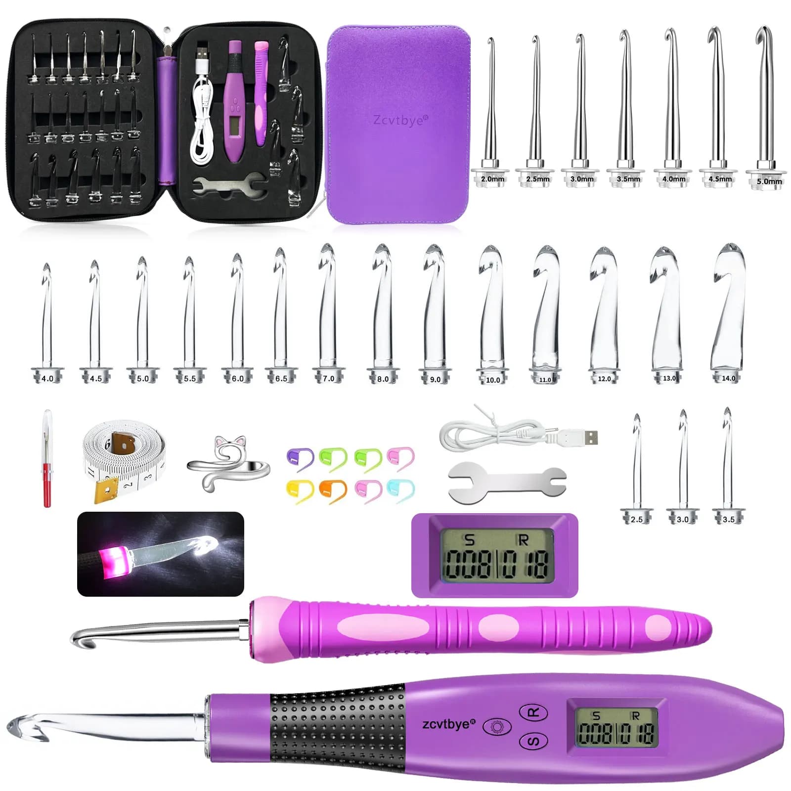 Set di uncinetti da 24 pezzi con contatore ergonomico kit di ferri da maglia con luce a led e fila contatore digitale strumento fai da te per uncinetto da maglia