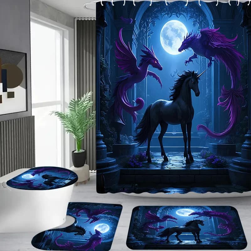 4 pezzi Il misterioso modello di unicorno, bagno di appartamento, tenda da doccia per doccia, set di tende da doccia per hotel, con 12 ganci