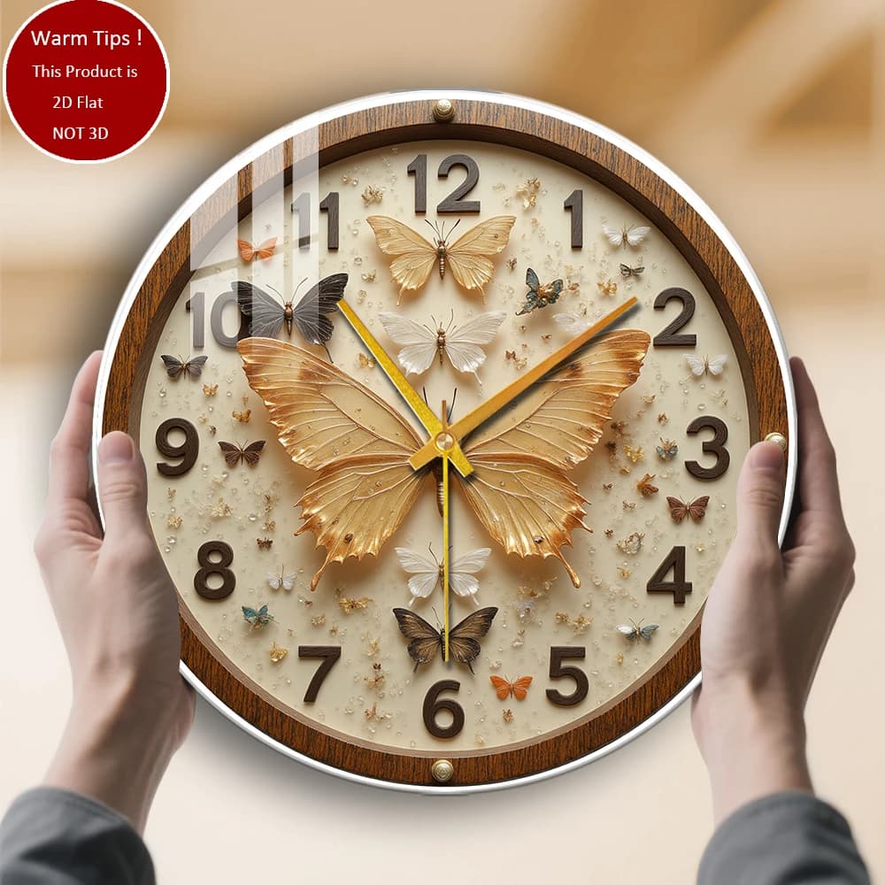 Tempered glass wall clock with butterflies, wooden decorative clock, suitable for wall decorations or table displays everywhere