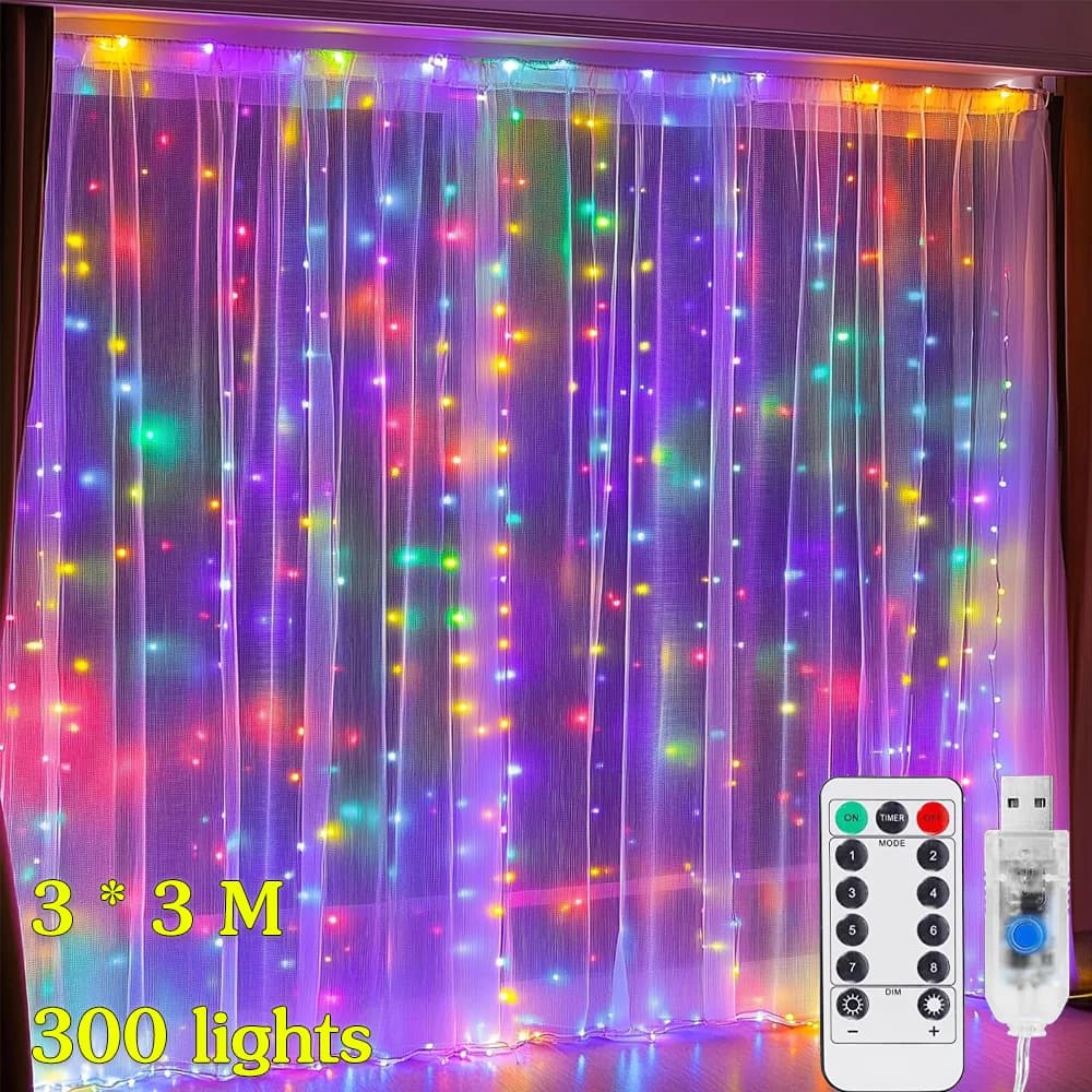 3x3m USB Tenda LED Luce 8 modalità Telecomando Luci della stringa Decorazioni natalizie Casa vacanza Camera da letto Matrimonio Fata Ghirlanda Lampada