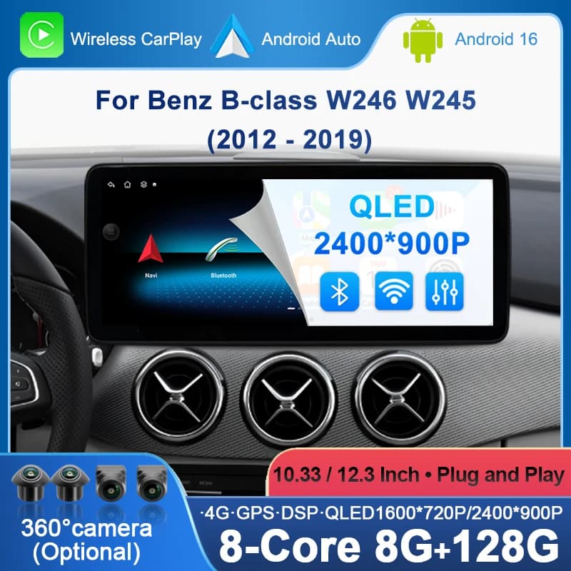 Sistema multimediale wireless per auto Carplay Android 16 AUTO CarPlay con schermo da 10.33 pollici e 12.3 pollici per Mercedes Benz Classe B W246 W245 2012-2019