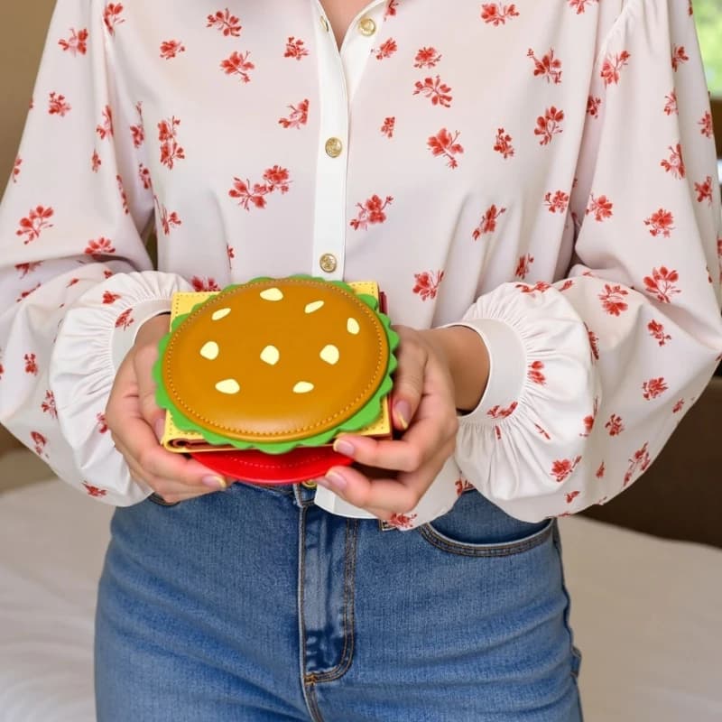 Portafoglio carino in pelle PU a forma di hamburger, portamonete, porta carte RFID