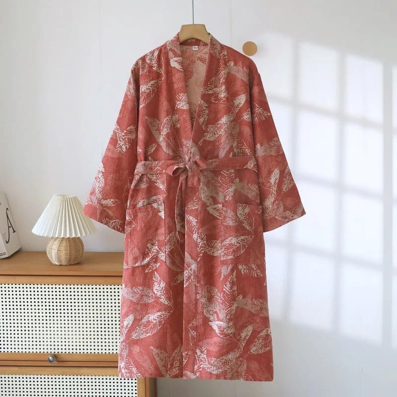 Women's Cotton Kimono Robe, Full Sleeve Printed Loungewear with Belt, Breathable Loose Fit Bathrobe, Soft Casual Home Wear