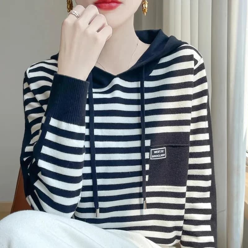Felpa con cappuccio a righe maglione Pullover lavorato a maglia donna primavera autunno maglione di lana a maniche lunghe allentato felpe con cappuccio maglione maglieria