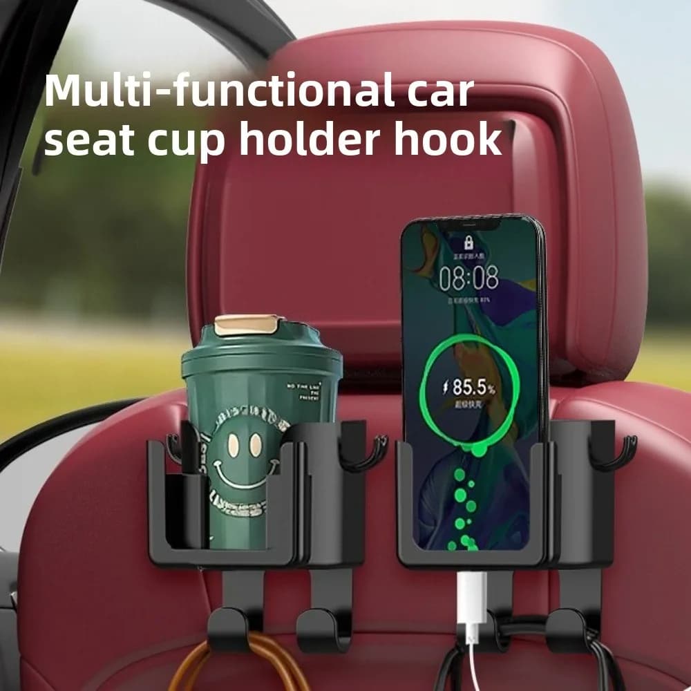 Portabicchieri per Auto 6 in 1 con 4 Ganci, Supporto Universale per Bevande da Appendere al Poggiatesta, Montaggio per Bottiglie sul Sedile Posteriore con Supporto per Telefono