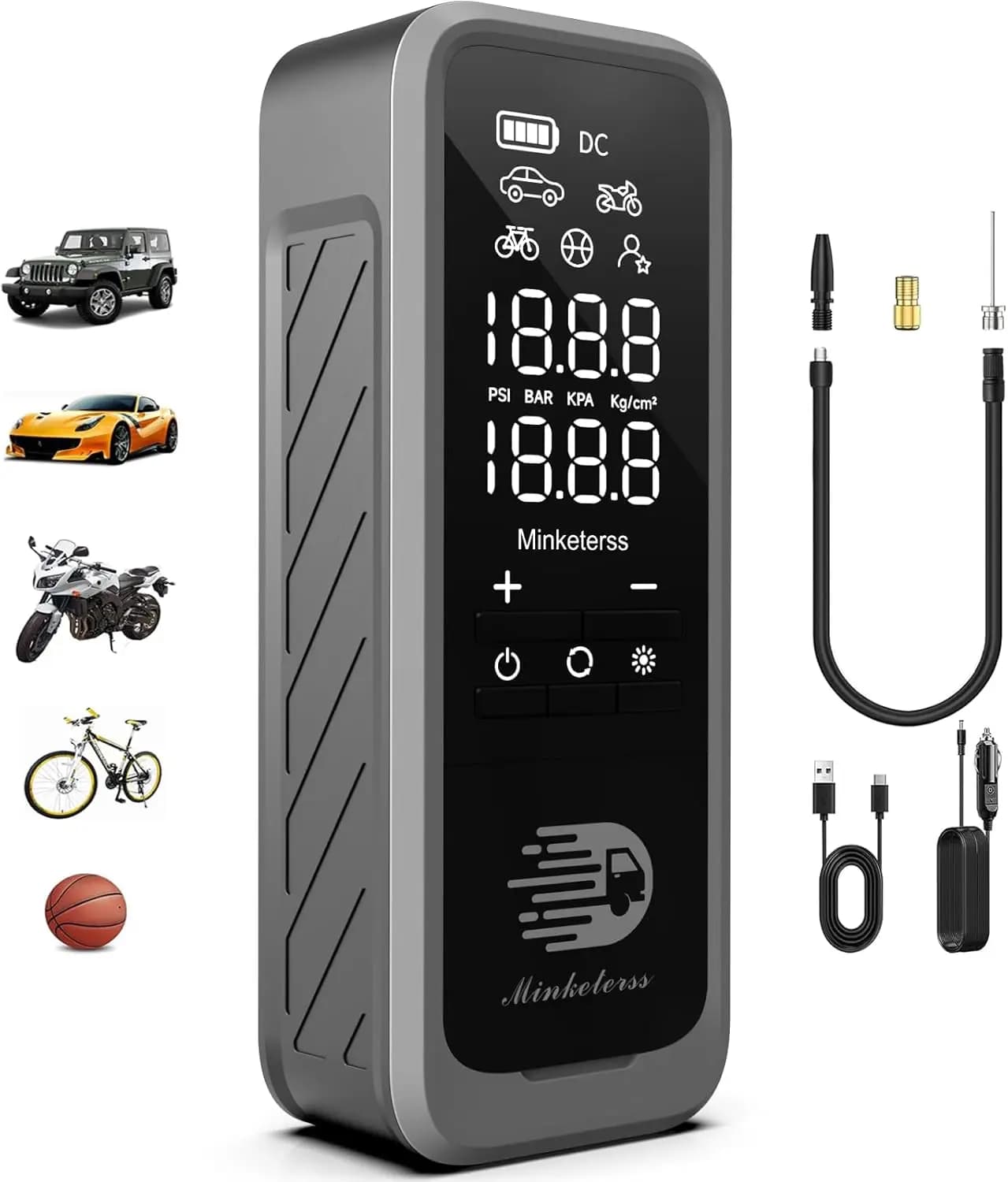 Portable tyre inflator with digital gauge, 160 PSI air compressor for cars, motorcycles, electric bikes and bicycle - LED light