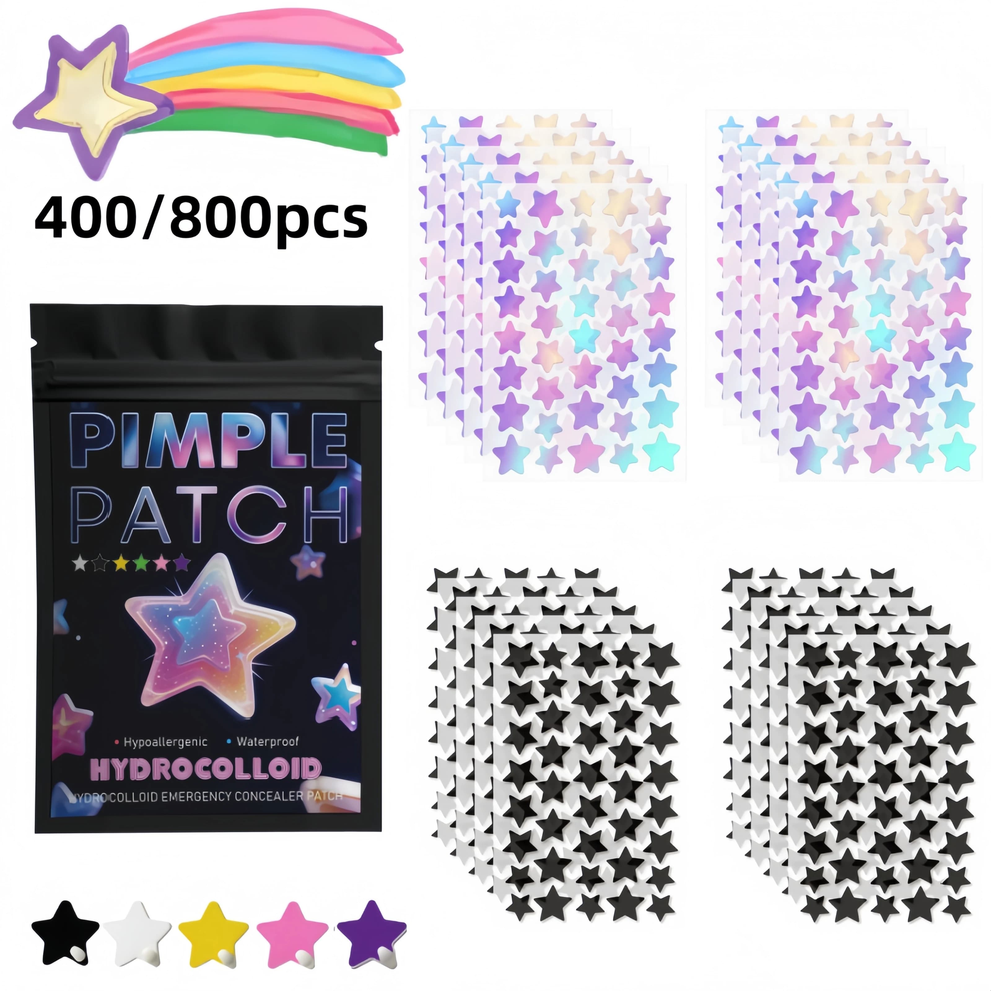 400/800 Pezzi Cerotti Iridiscenti e Neri a Forma di Stella, Adesivi Idrocolloidali di Varie Dimensioni per Tutti i Tipi di Pelle