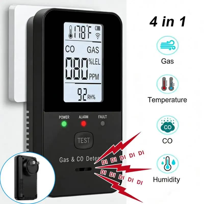 Rilevatore di Gas Naturale e Monossido di Carbonio, Allarme CO da Collegare alla Presa, Rilevatore di Gas Combustibile 4-in-1 e Allarme CO per Propano, Metano