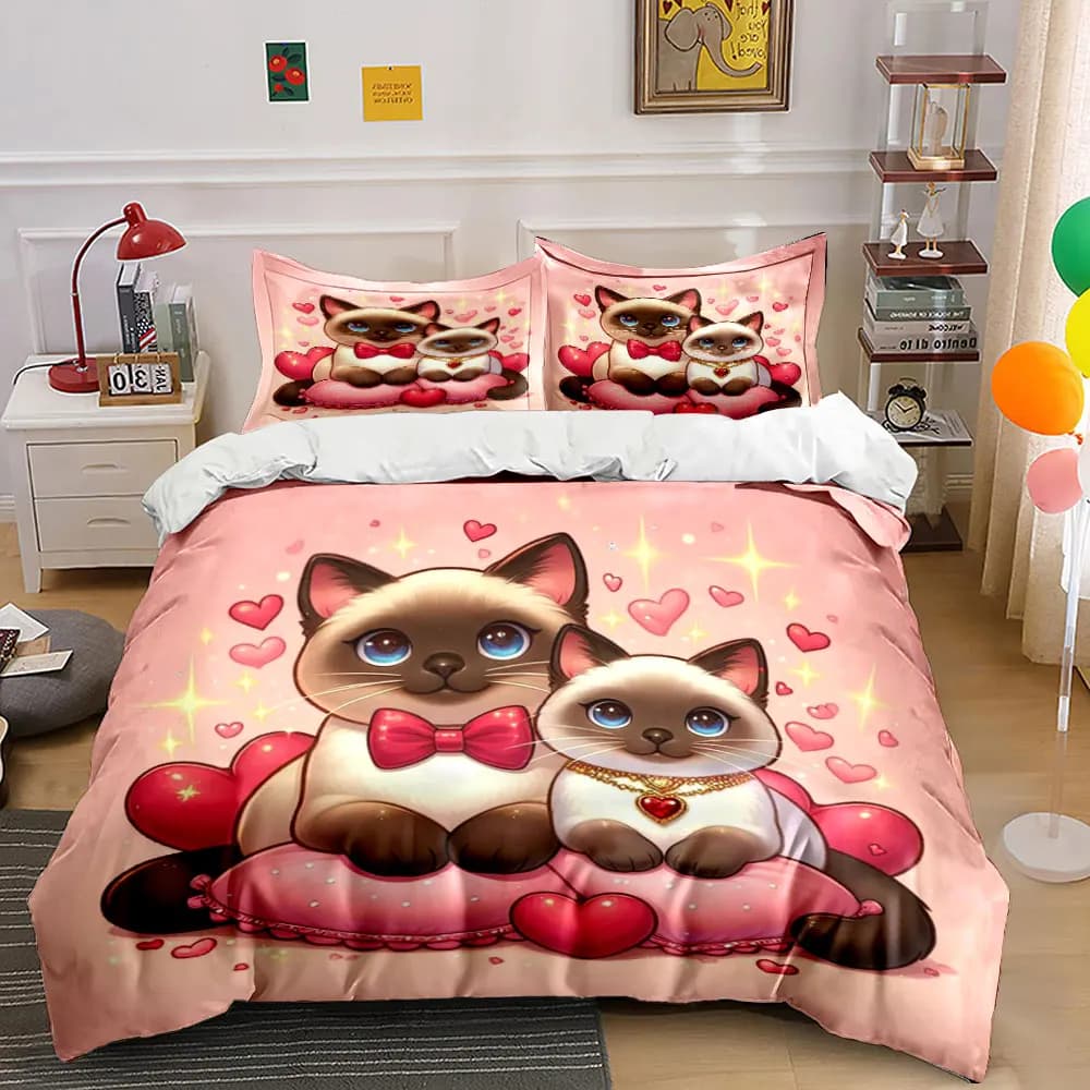 Set di biancheria da letto con stampa di gatti carini con decorazioni a forma di cuore, morbido e confortevole, include 1 copripiumino, 2 federe, regali di lusso