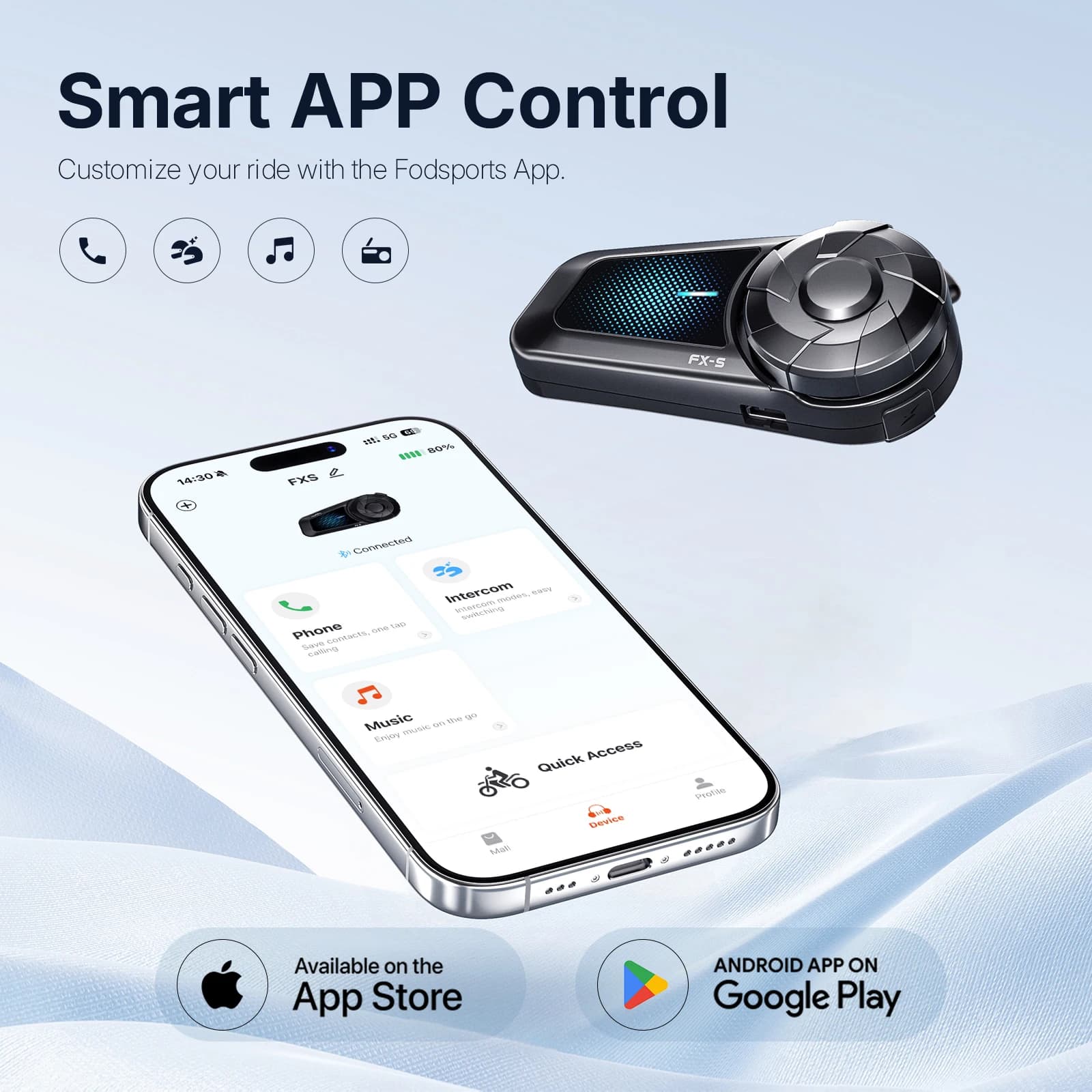 Fodsports FX-S Motorcycle Intercom,Helmet Bluetooth Headset Intercom,BT5.4 Interphone,Support APP.