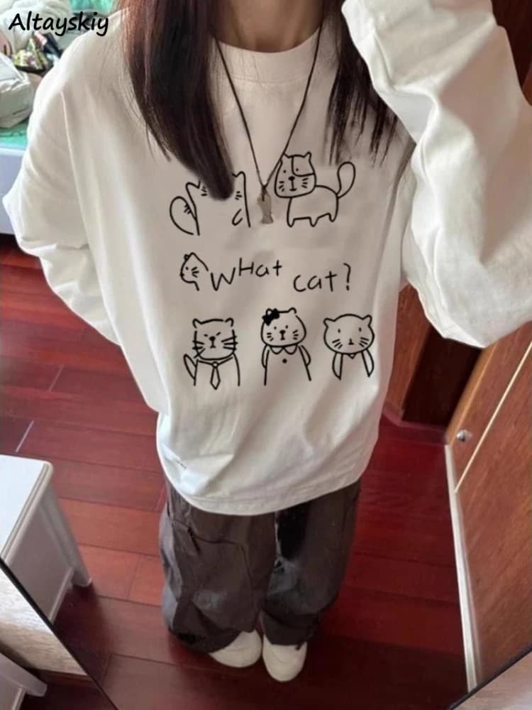Long Sleeve T-shirts Women White Baggy Spring Simple Korean Style All-match Printed Design Students Lovely Girls Fashion Casual