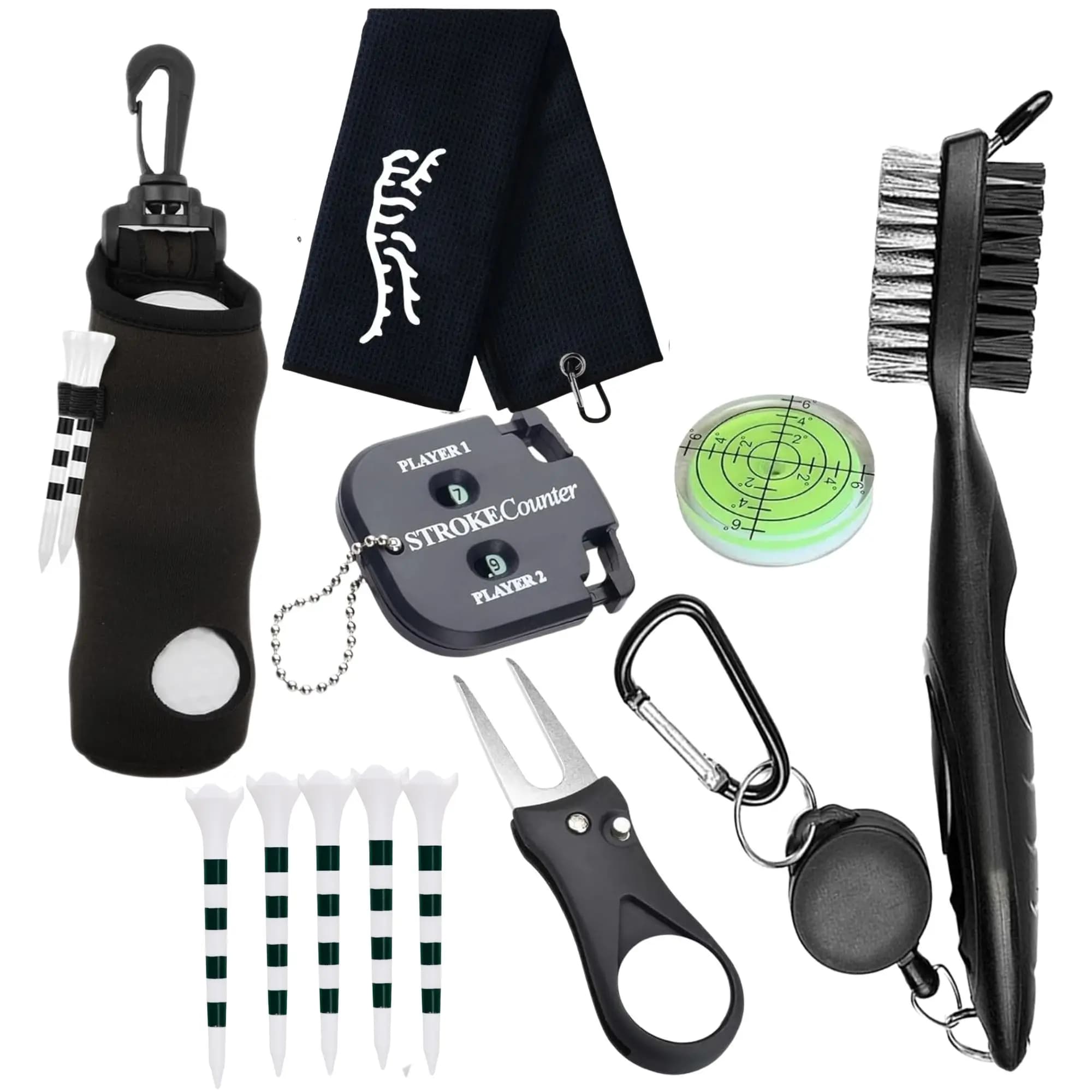 Kit di accessori da golf da uomo da 7 pezzi con design tigre, nuovo kit per la pulizia del golf - Include tee da golf, asciugamano, sacca porta palline, spazzola per la pulizia