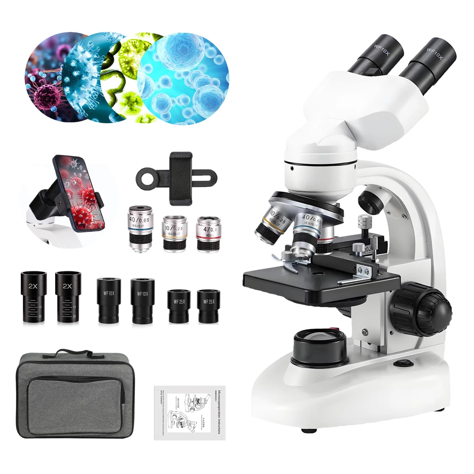 Microscopio biologico a doppio oculare con ingrandimento 2000x per l'osservazione di funghi, microrganismi, cellule vegetali e animali, ideale per lo studio