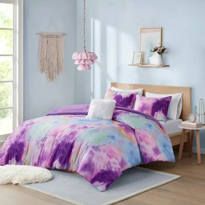 3Piece Twin/Twin XL Watercolor Tie Dye Printed Comforter Set with Throw Pillow