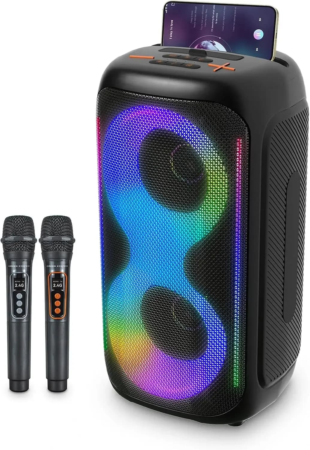 GKD40 Macchina per Karaoke Portatile per Bambini e Adulti, Altoparlante Bluetooth con Sistema PA, 2 Microfoni Wireless Ricaricabili, LED Par