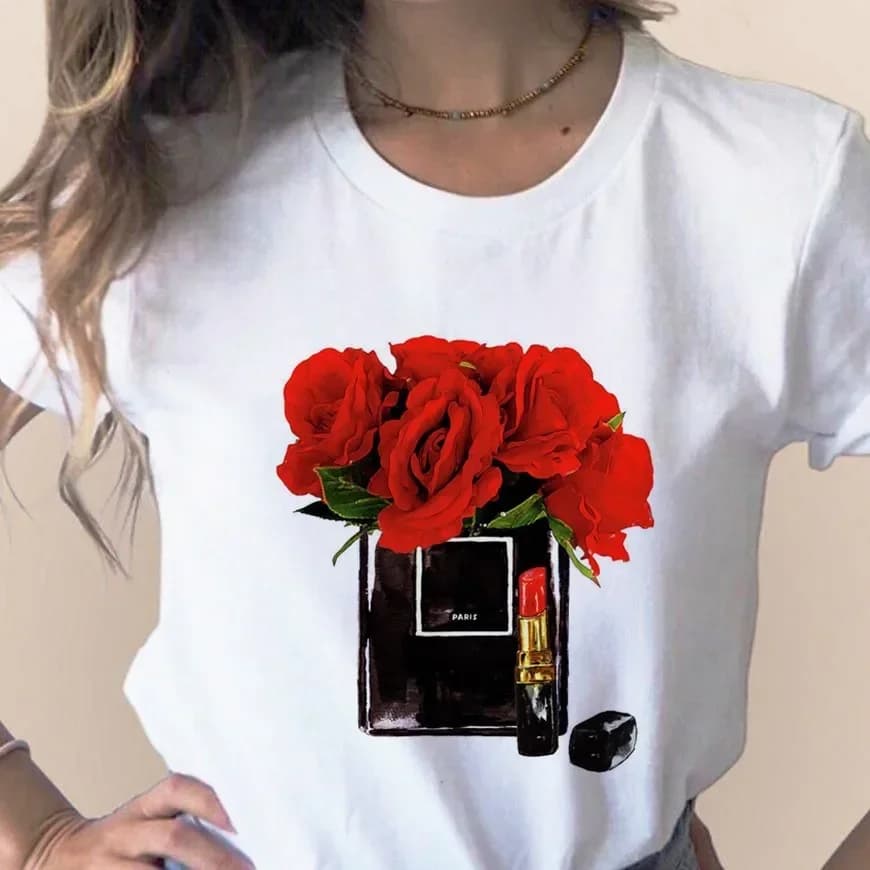 Women Clothes Print Flower Perfume Bottle Sweet Short Sleeve Tshirt Printed Women Shirt T Female T-shirt Top Casual Woman Tee