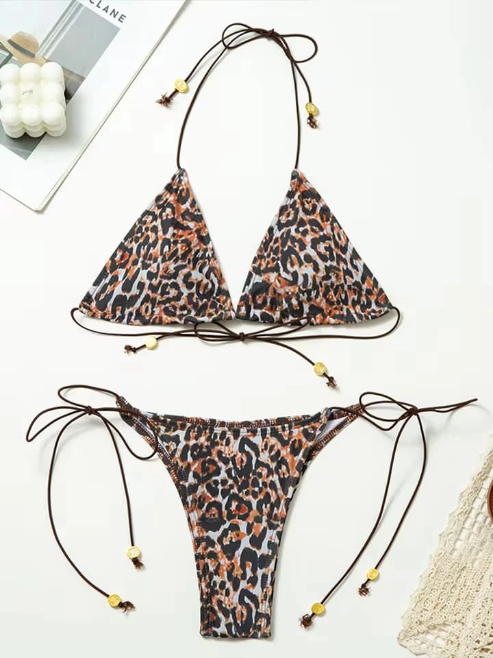 Vzvn 2025 Nuovo Costume da Bagno Estivo, Set Bikini Sexy Leopardato con Lacci, Due Pezzi, Costume da Bagno Diviso da Donna, Bikini da Spiaggia Senza Schienale