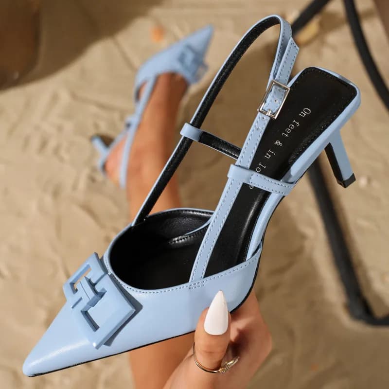 Women's Design Brand Sandals With High Quality Blue Metal Embellishment Women's Sandals With Pointed Toe And Back Strap With Buckle Sandals Elegant Strong Size