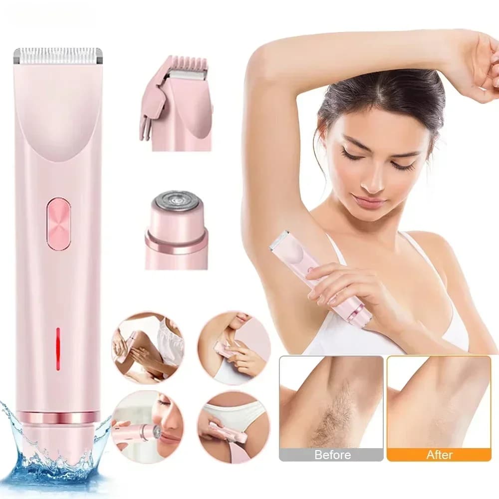 Rasoi elettrici da donna 2 in 1 Trimmer bikini indolore a doppia testa Uso asciutto e bagnato per peli pubici da donna Rasoio elettrico con testa staccabile