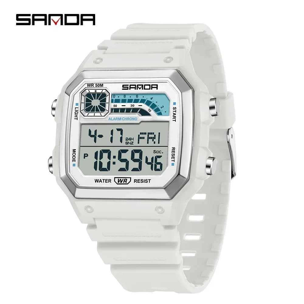 SANDA 6196 Men's sports waterproof watch light square classic fashion electronic Rel ro yo muleher night white electronic