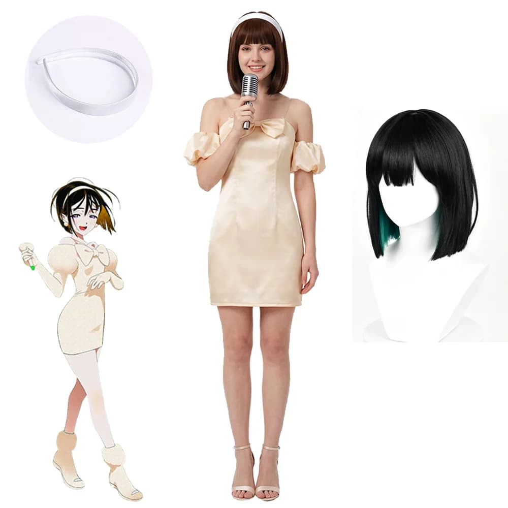 Alien Stage Sua Cosplay Costume Satin Slip Mini Dress Off Shoulder Bodycon Short Dress Black Bob Wig Green Inner Hair Halloween