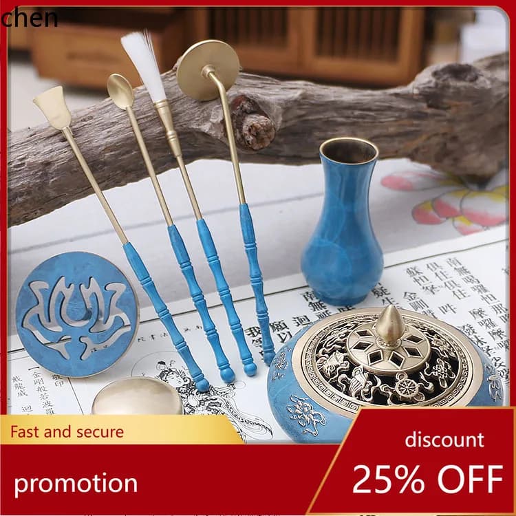 Set completo di strumenti blu bruciato Cz, bruciatore in rame, cucchiaio per cenere di incenso, strumenti per sigillo incenso Zen Lotus