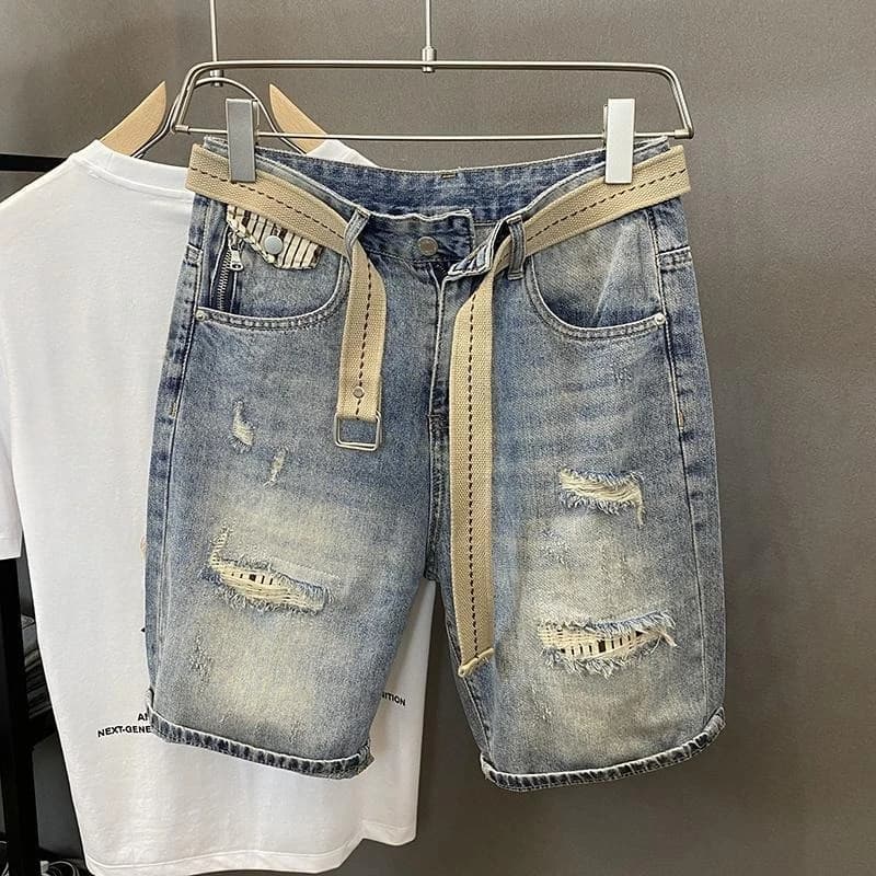Pantaloni jeans corti larghi strappati azzurri per uomo Mezze bottoni Pantaloncini di jeans da uomo Distressed Xl Streetwear Harajuku Popolari Jorts