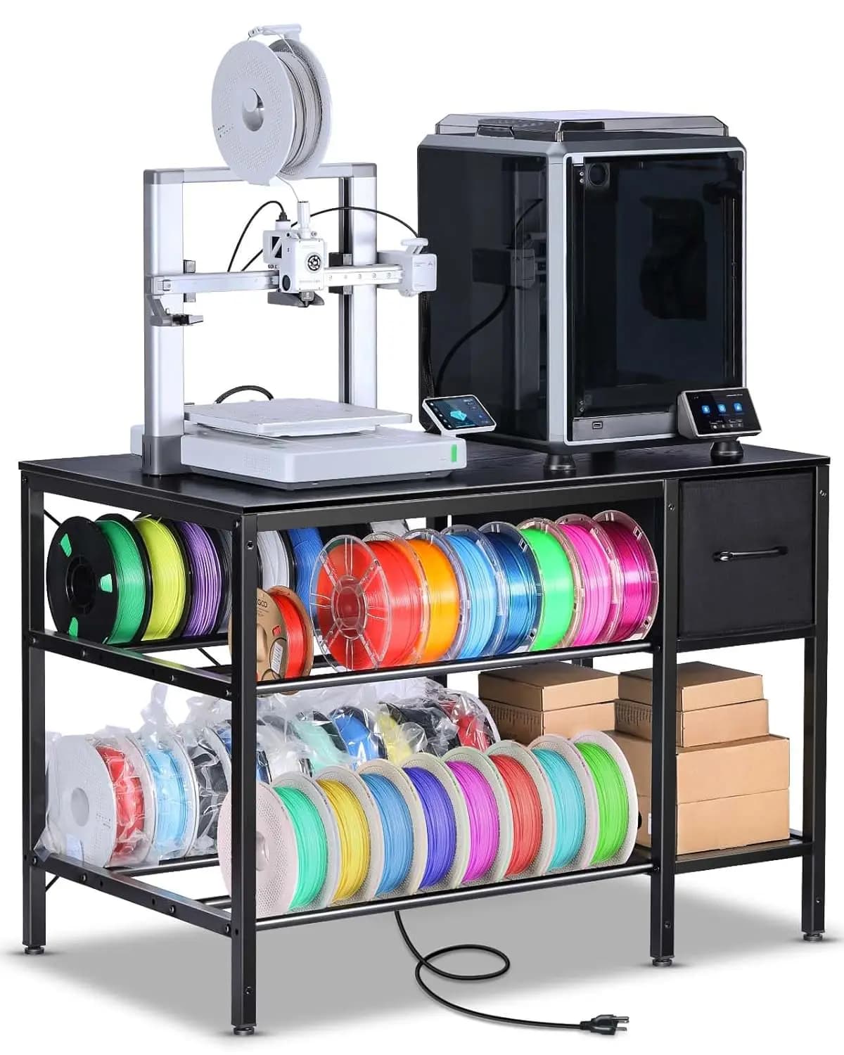 Supporto per Stampante 3D con Vano Porta Filamenti e Presa Multipla, Base Robusta per Officina e Ufficio, Nero
